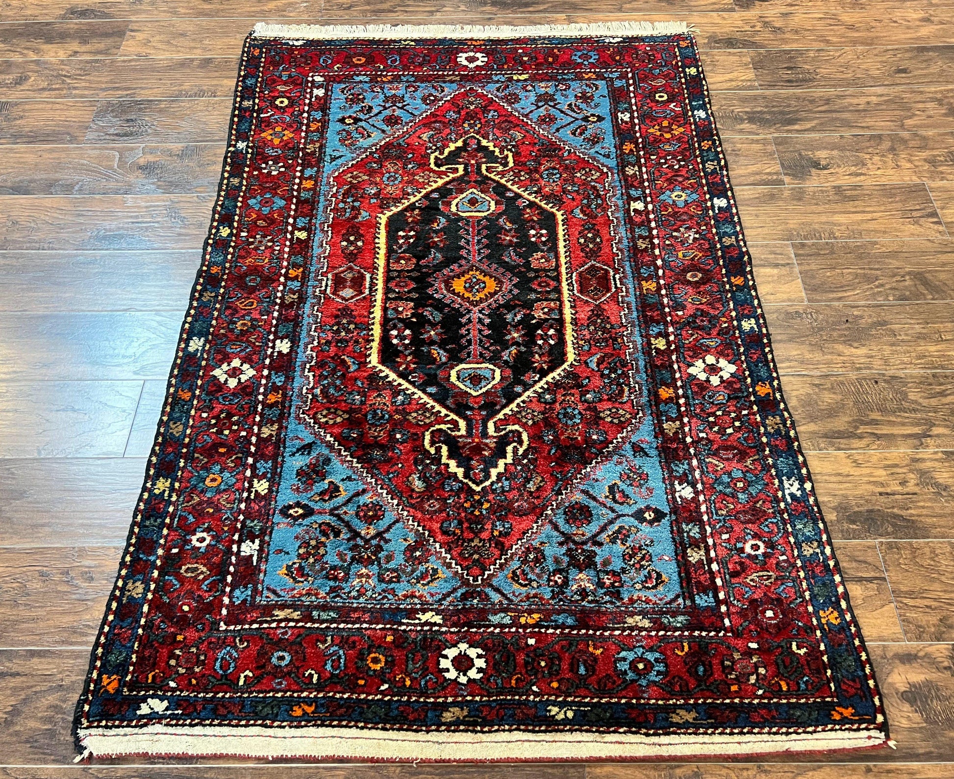 Antique Persian Tribal Rug 4x7, Wool Handmade 1920s Carpet, Red Blue, Persian Hamadan Rug - Nuvé