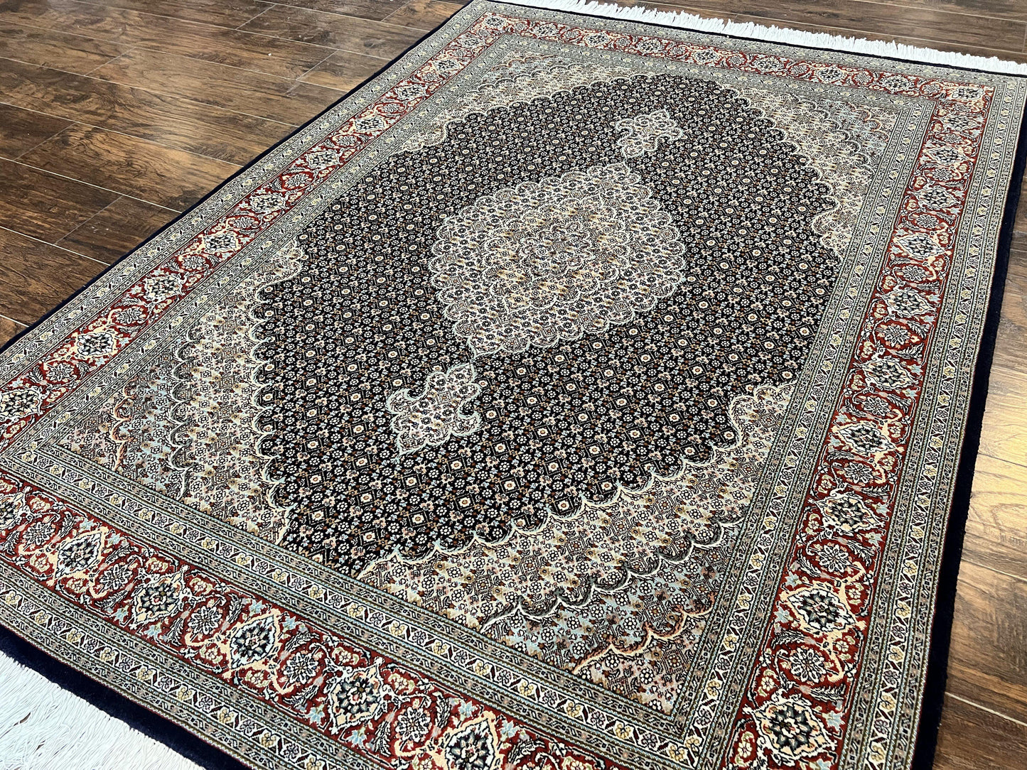 Persian Tabriz Rug 5x7, Wool with Silk Highlights, Hand Knotted Vintage Oriental Carpet, Very Fine, Herati Mahi Pattern, Black, Rare - Nuvé