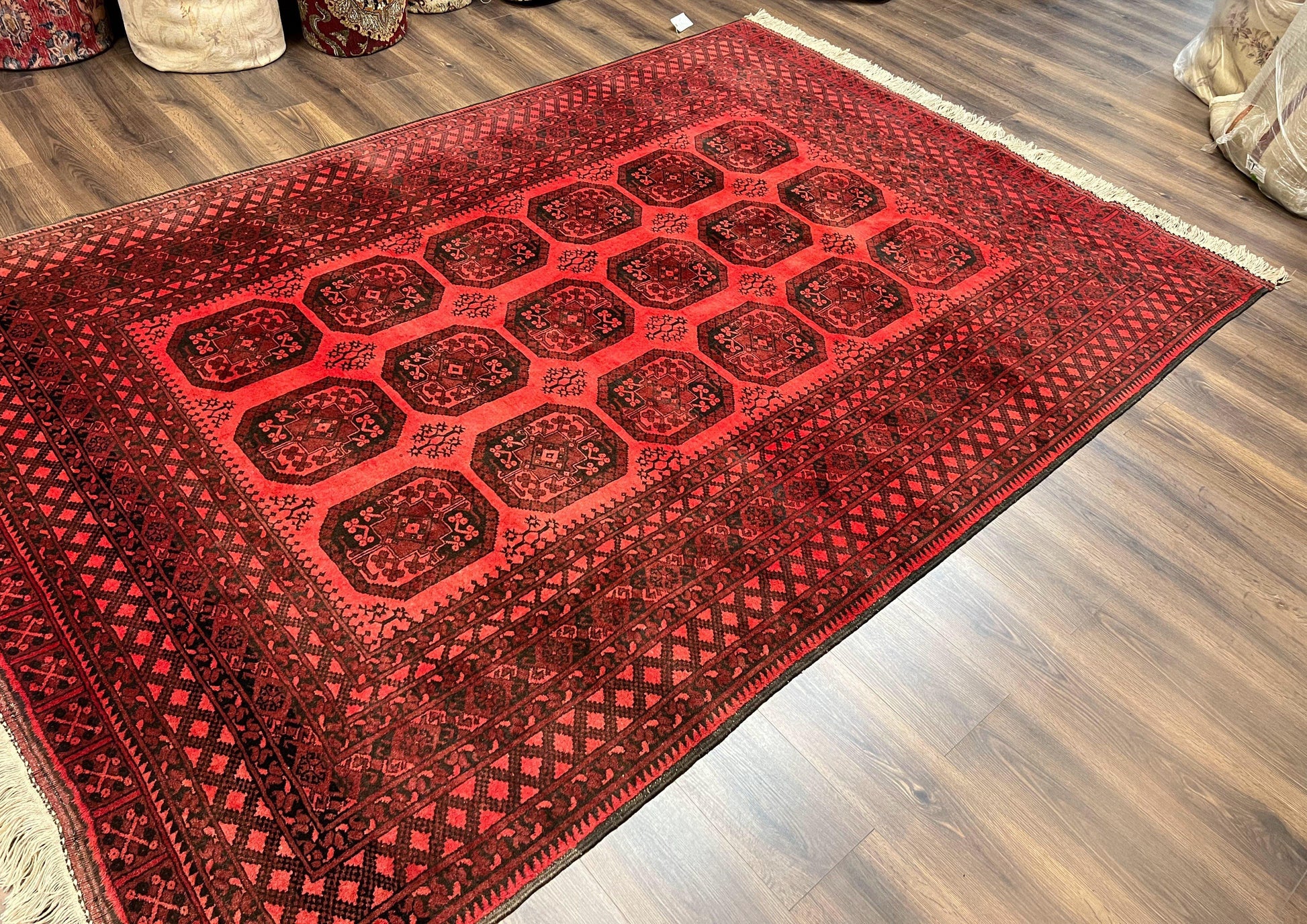 Afghan Turkoman Rug 7x10, Vintage Yamud Beshir Bokhara Carpet, Red and Black Bukhara Hand-Knotted Oriental Wool Handmade Rug, Elephant Foot - Nuvé