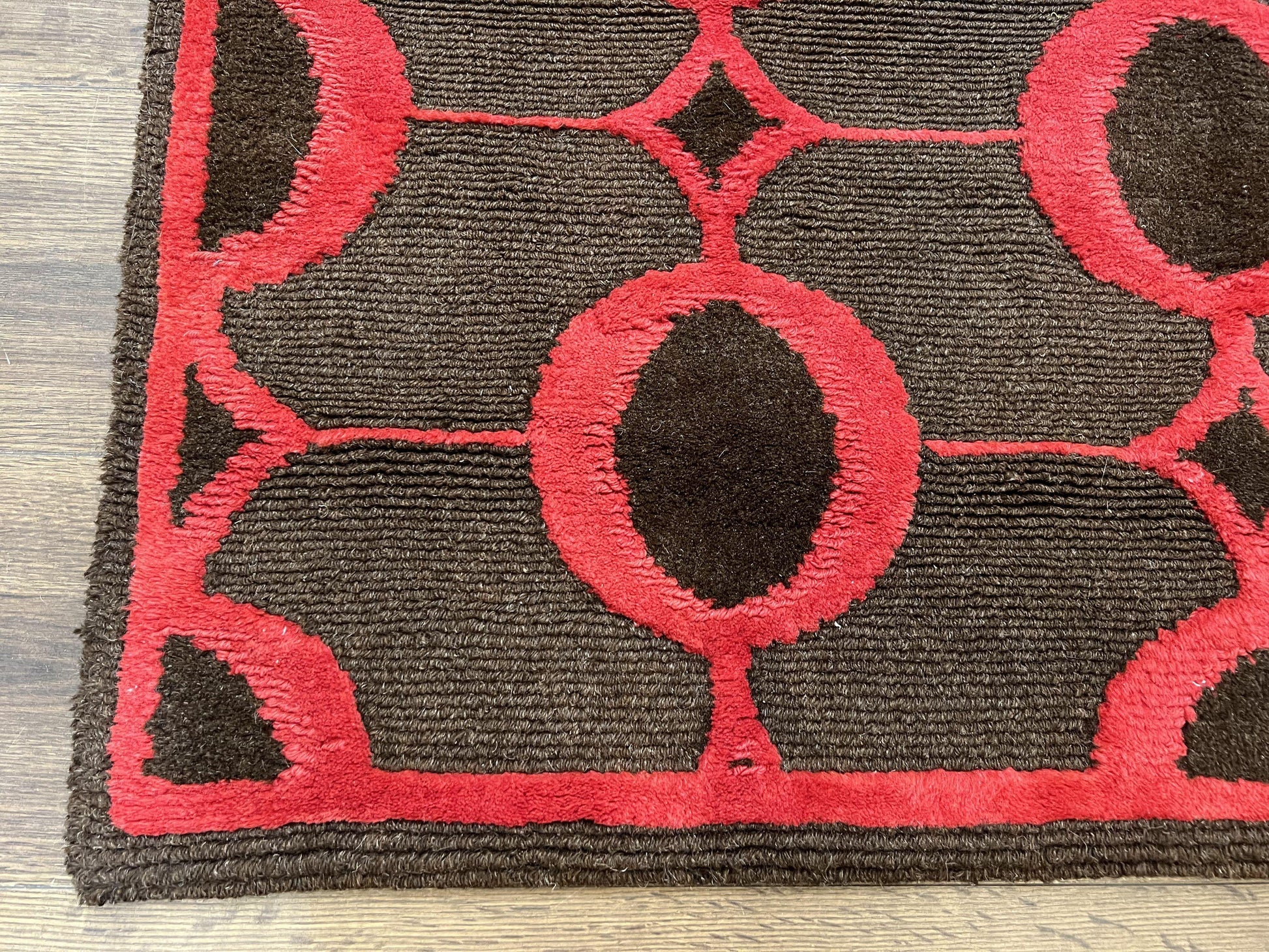 Modern Tibetan Rug 3.8 x 5.7, Raspberry Red and Dark Brown, Abstract Circle Design, Hand Knotted, Soft Wool Handmade Tibet Nepali Carpet 4x6 - Nuvé