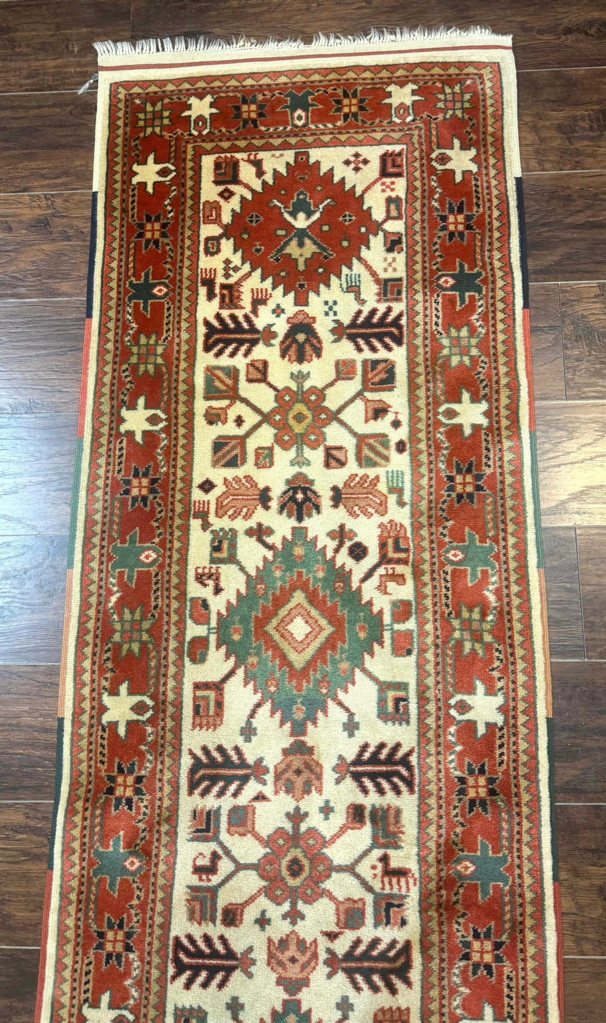 Turkish Runner Rug 2.4 x 8, Kazak Geometric Heriz Pattern, Beige Red - Nuvé