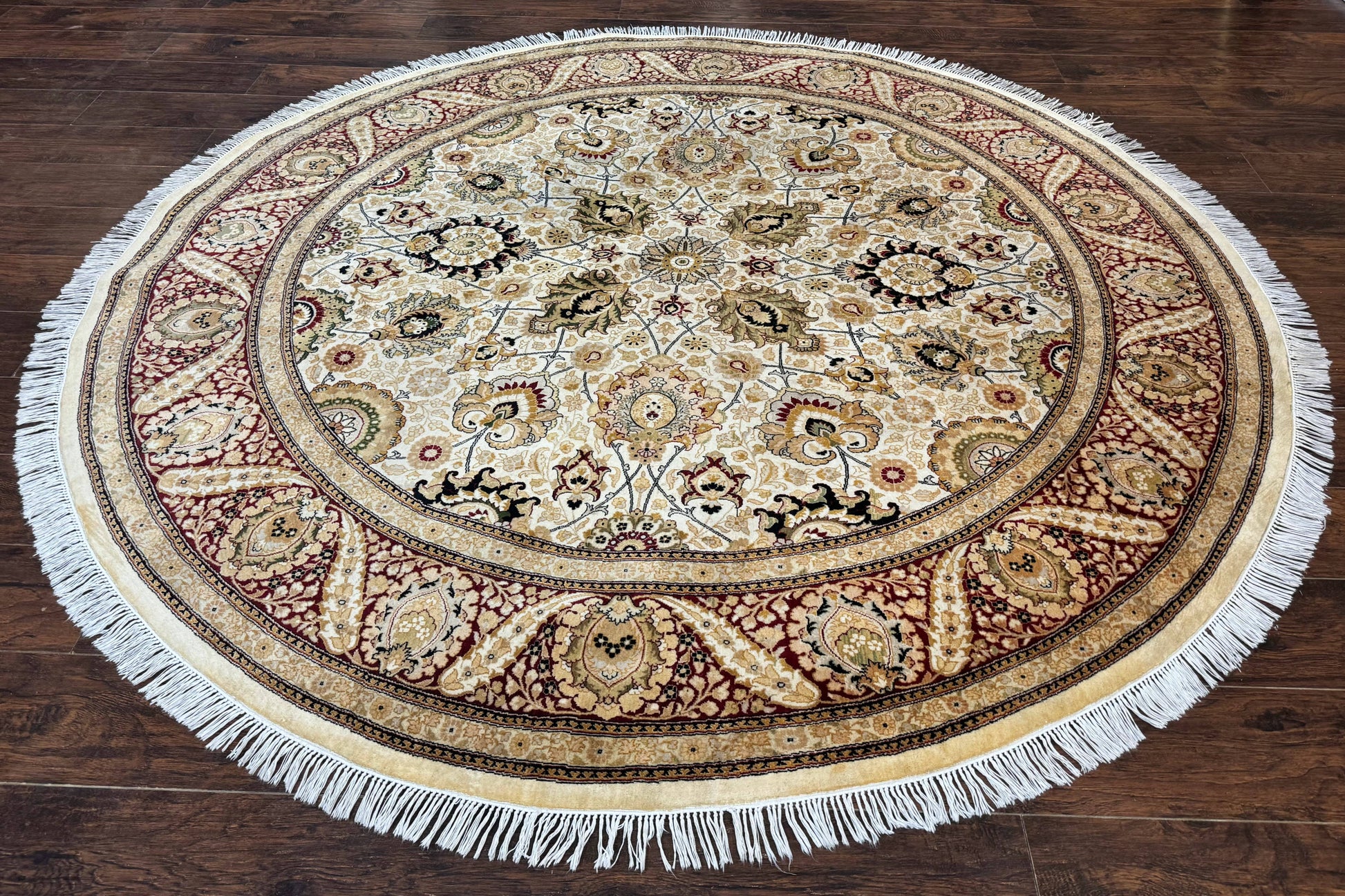 Round Pak Persian Rug 8x8, Vintage Handmade Wool Traditional Carpet, Beige Dark Red, Fine 270 KPSI - Nuvé