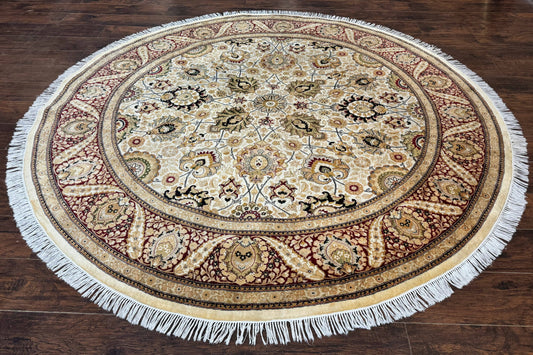 Round Pak Persian Rug 8x8, Vintage Handmade Wool Traditional Carpet, Beige Dark Red, Fine 270 KPSI - Nuvé