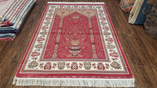 4 x 6 Silk Carpet Red, Traditional Oriental Rug 4x6, Flower Vase Columns, Turkish Rug New, High Quality, Bamboo Silk, Area Rug - Nuvé