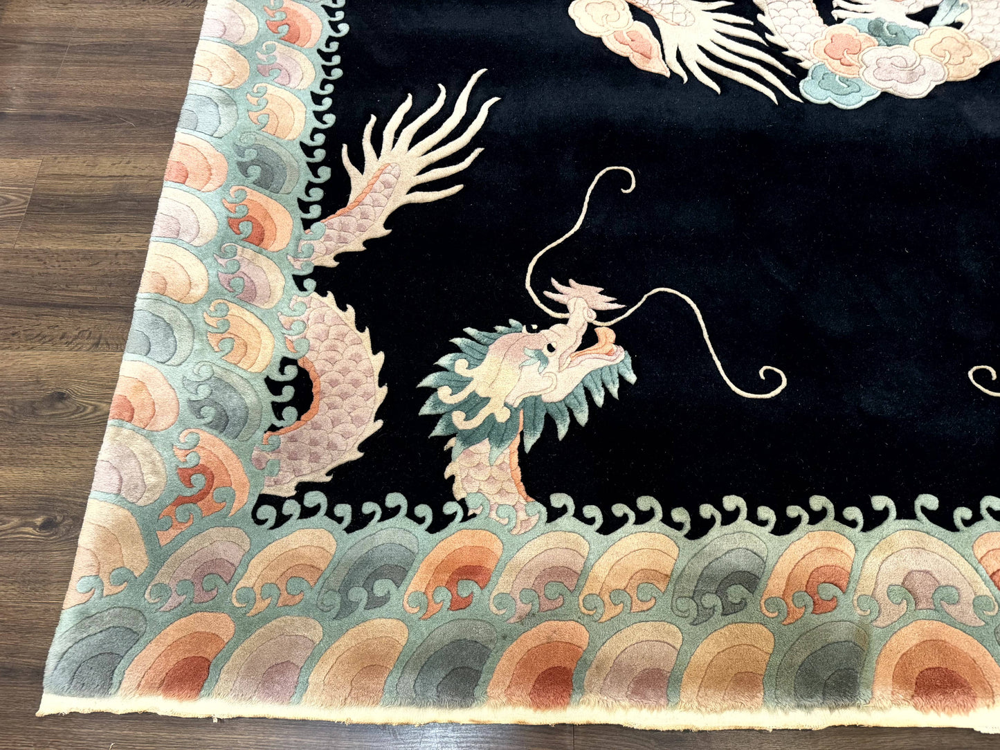 Black Chinese Wool Rug 8x10 with Dragons, Rainbow Borders, Rare - Nuvé