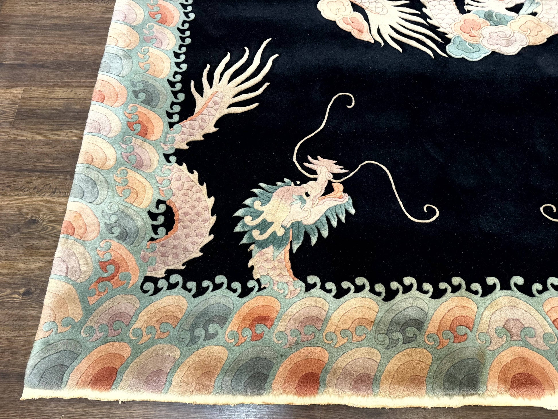 Black Chinese Wool Rug 8x10 with Dragons, Rainbow Borders, Rare - Nuvé