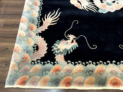 Black Chinese Wool Rug 8x10 with Dragons, Rainbow Borders, Rare - Nuvé