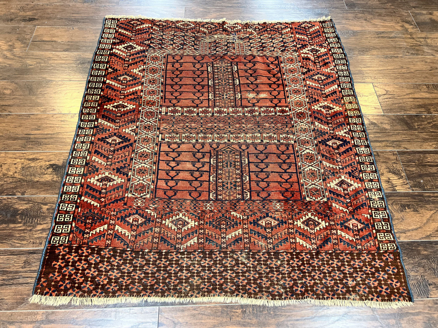 Antique Turkoman Rug 4x4, Hatchli Square Carpet, Wool Handmade Four Season Yamud Design Rug, Red Bohemian Tribal Rug, Engsi Tekkeh Rug - Nuvé