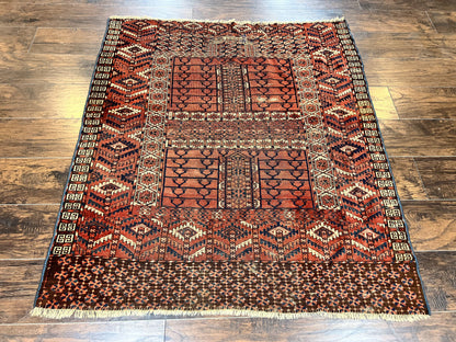 Antique Turkoman Rug 4x4, Hatchli Square Carpet, Wool Handmade Four Season Yamud Design Rug, Red Bohemian Tribal Rug, Engsi Tekkeh Rug - Nuvé