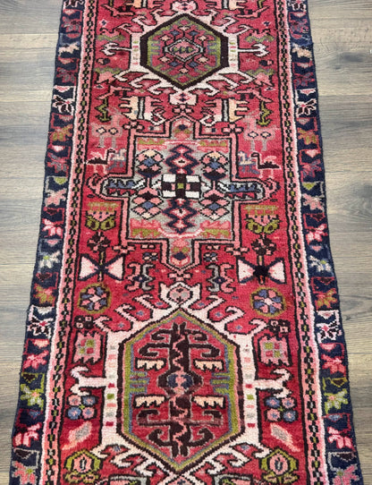 Persian Heriz Karajeh Runner Rug 2x9, Geometric Medallions, Red Navy Blue, 2 x 9 Rug for Hallway - Nuvé