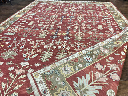Indian Rug 10x14, Wool Hand Knotted Flatweave Carpet, Tree of Life, Red and Green - Nuvé