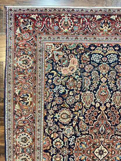Persian Kashan Rug 4x7, Floral Medallion Vintage Handmade Hand Knotted Navy Blue & Red Wool Oriental Carpet, Highly Detailed Semi Antique Rug