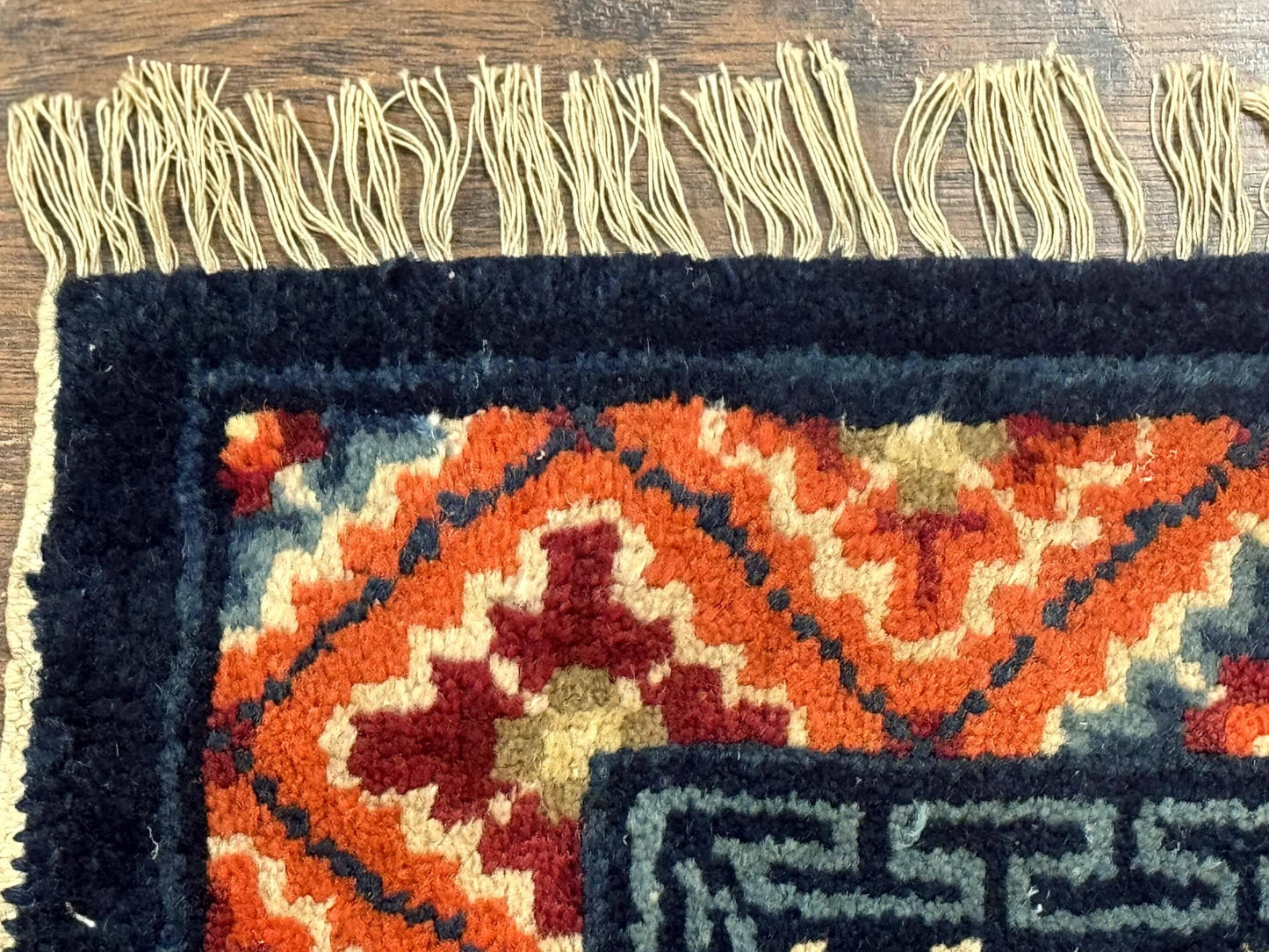 Small Antique Chinese Square Rug 2x3, Tibetan Rug, Red Orange Blue, 1920s Rug - Nuvé