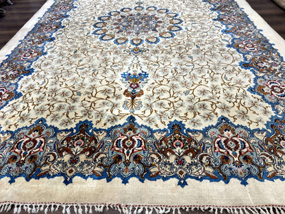 Persian Kashan Rug 9 x 12.6, Ivory and Blue, Floral Medallion, Wool Hand Knotted Semi Antique Carpet - Nuvé