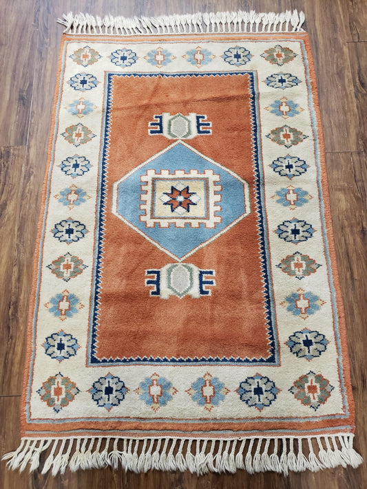 3x5 Handmade Vintage Turkish Area Rug Wool Kazak Carpet 3'1"x4'5" Red Beige - Nuvé