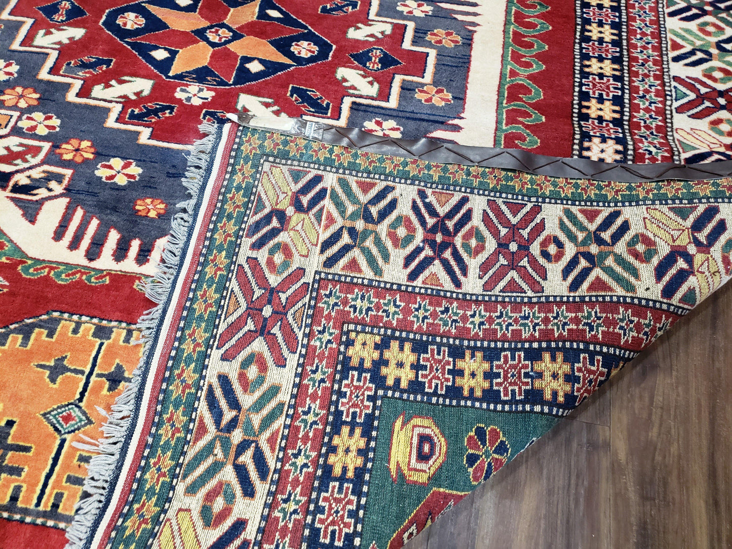 Vintage Turkish Kazak Area Rug, 6ft Square Rug, 6x6 Square Oriental Carpet, Hand-Knotted, Wool, Bold Colors, Red Blue Green, Geometric Rug - Nuvé