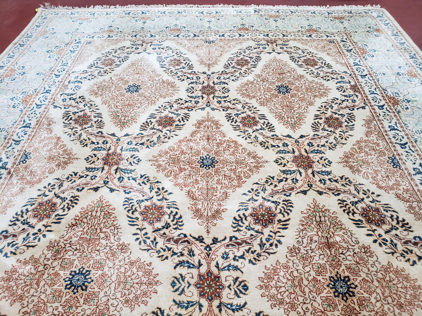 Fine Antique Persian Light Colored Kashan Carpet, 7x12, Top Quality, Rare, Ivory & Blues, Hand-Knotted, Wool - Nuvé