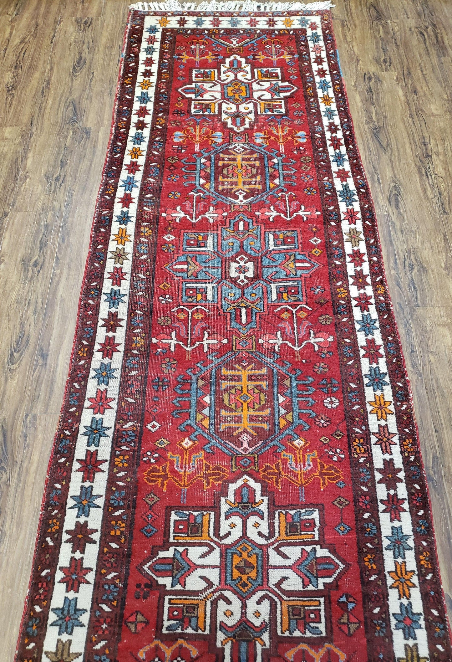 Antique Persian Heriz Karajeh Runner Rug, Red, Hand-Knotted, Wool, 3' 3" x 10' 11" - Nuvé