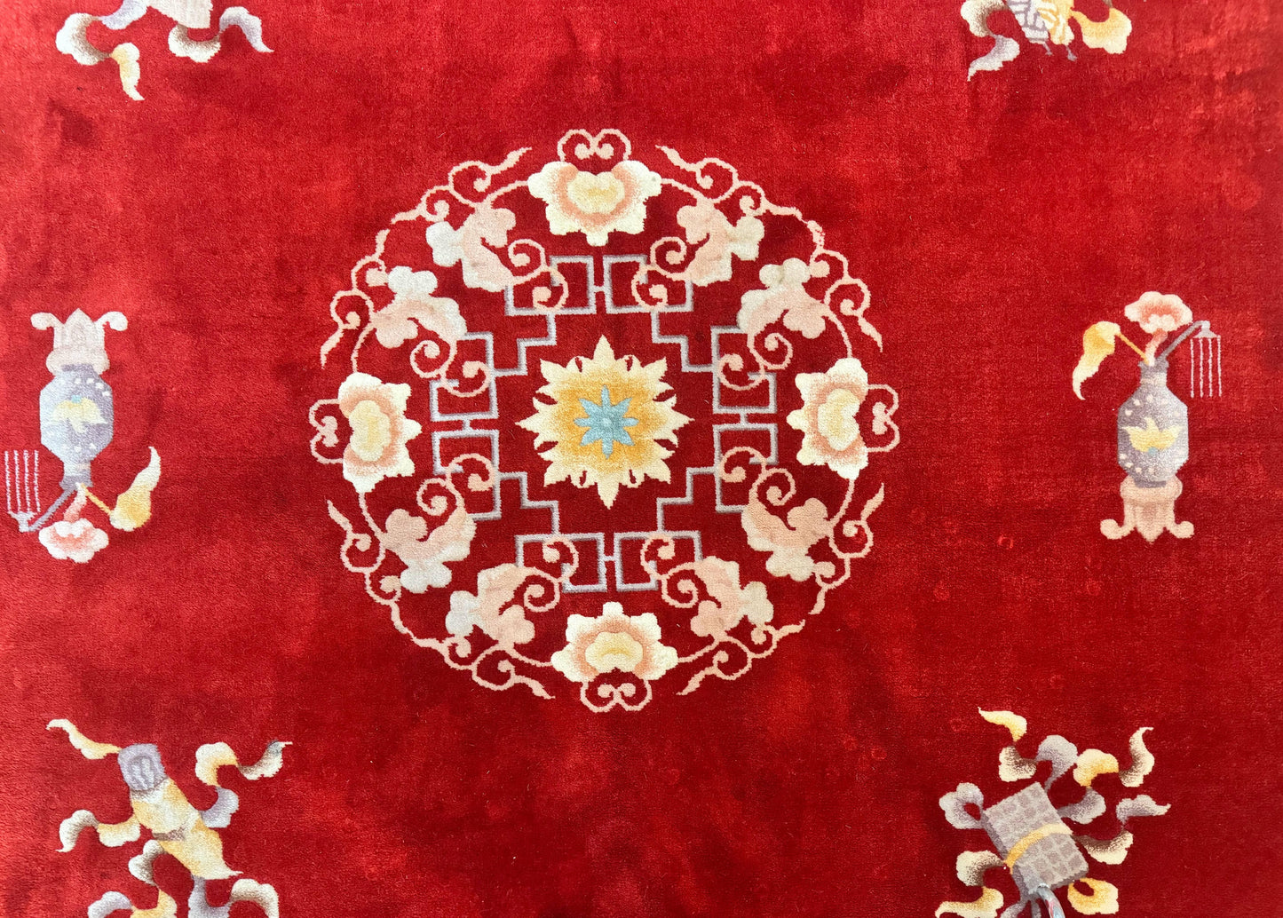 Chinese Wool Rug 8.6 x 11, Red and Beige Asian Oriental Carpet, Plush Pile, Vintage Handmade Chinese Carving Sculpted Rug, Semi Open Field - Nuvé