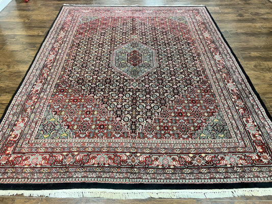 Indo Persian Rug 8x10, Wool Hand Knotted Vintage Carpet, Red & Midnight Blue, Indo Bidjar Oriental Rug, Herati Mahi Pattern, Room Sized Rug - Nuvé