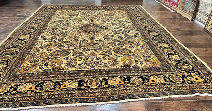 Antique Persian Rug 9x11, Wool Handmade 1920s Oriental Carpet, Persian Hamadan Anjelas Rug, Cream Black, Floral Allover Oriental Rug 9 x 11 Room Sized Rug - Nuvé