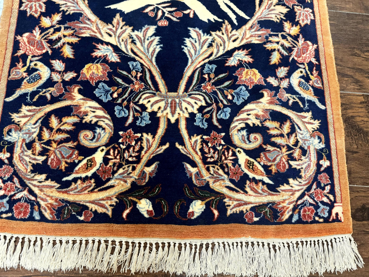 Persian Isfahan Rug 2x4, Birds, Navy Blue, Kork Wool on Silk Foundation, 460 KPSI - Nuvé