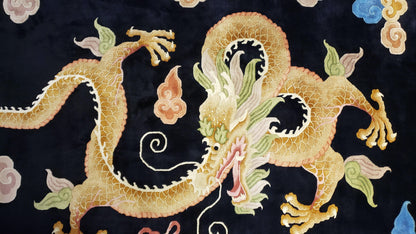 Rare Antique Chinese Art Deco Rug 6x9 with Dragon, Black Chinese Carpet 6 x 9, Hand Knotted Wool Area Rug - Nuvé