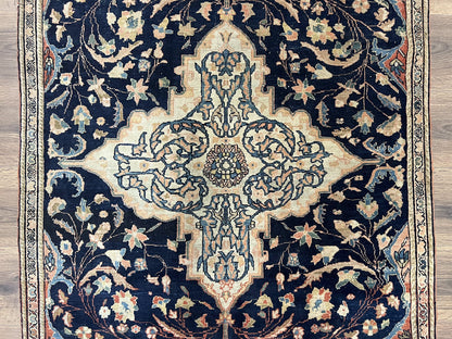 Antique Persian Rug 3.5 x 5, Sarouk Farahan Rug, High Quality 1920s Fine Oriental Carpet 3 x 5 ft, Large Medallion, Floral, Navy Blue Red, Hand Knotted Wool Rug
