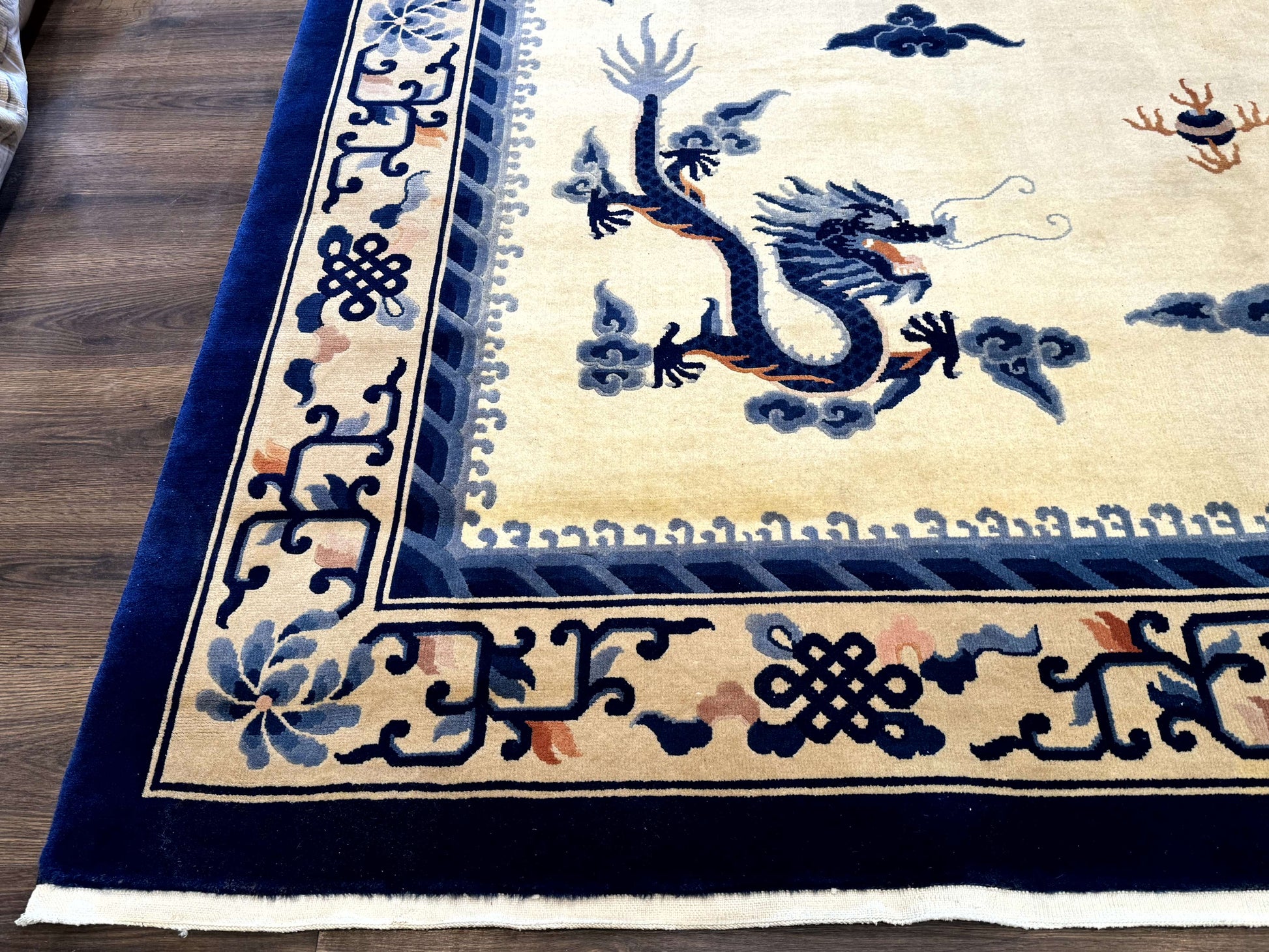 Chinese Dragon Peking Rug 8 x 11.6, Ivory and Blue, Chinese Wool Rug, Vintage - Nuvé