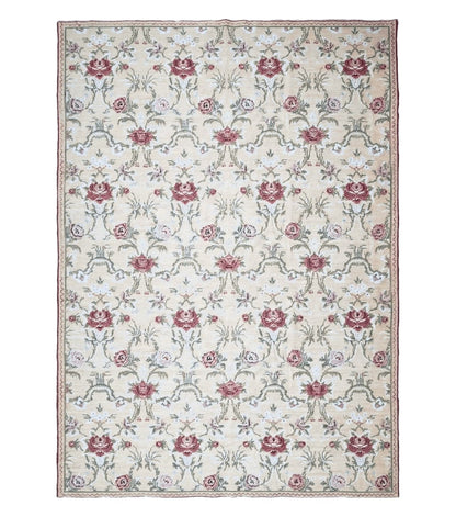 Needlepoint Rug 10x14 Wool Flatweave Carpet, English Floral Pattern, Pale Yellow, Roses, Allover Pattern, Handmade Large Needlepoint Nice