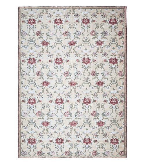 Needlepoint Rug 10x14 Wool Flatweave Carpet, English Floral Pattern, Pale Yellow, Roses, Allover Pattern, Handmade Large Needlepoint Nice