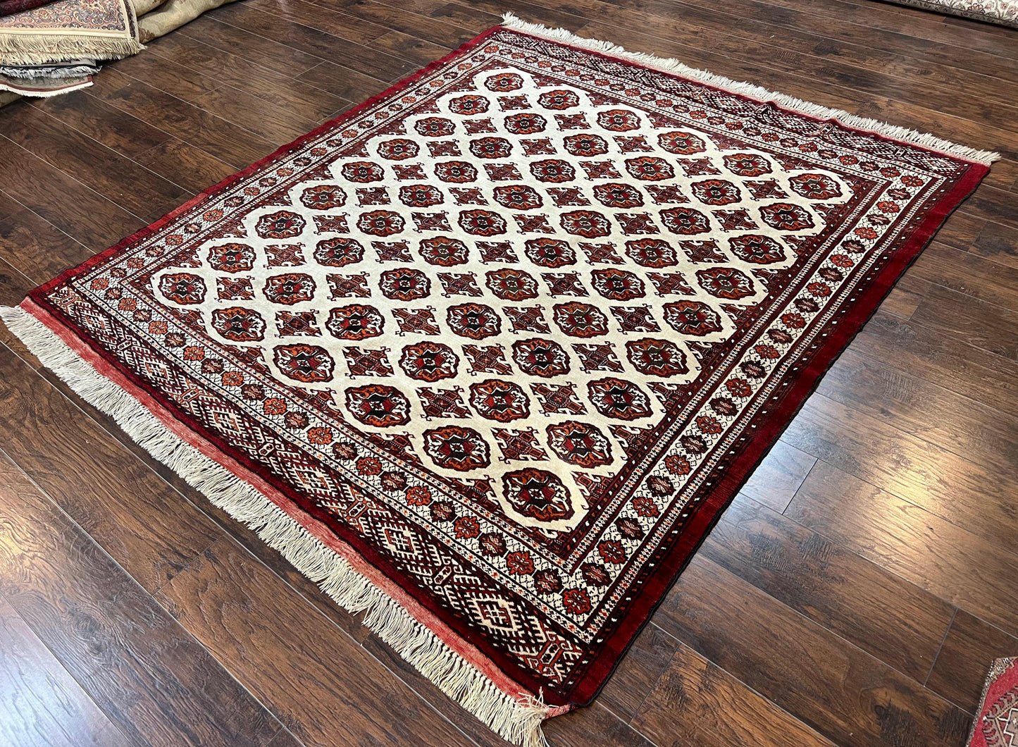 Persian Turkoman Rug 7x8, Almost Square Rare, Hand Knotted, Yamud, Bohemian Rug, Handmade Tribal Rug, Cream Red, Handmade Oriental Carpet - Nuvé