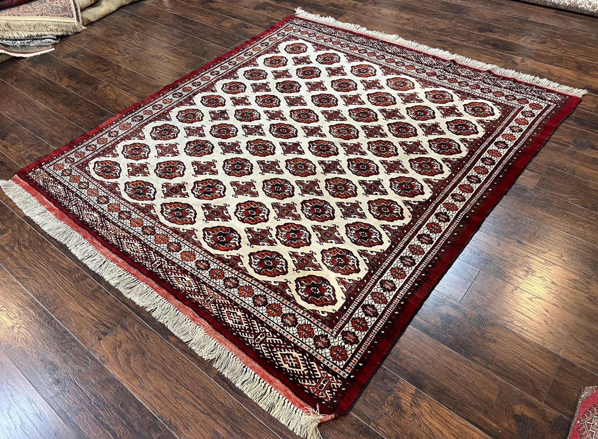 Persian Turkoman Rug 7x8, Almost Square Rare, Hand Knotted, Yamud, Bohemian Rug, Handmade Tribal Rug, Cream Red, Handmade Oriental Carpet - Nuvé
