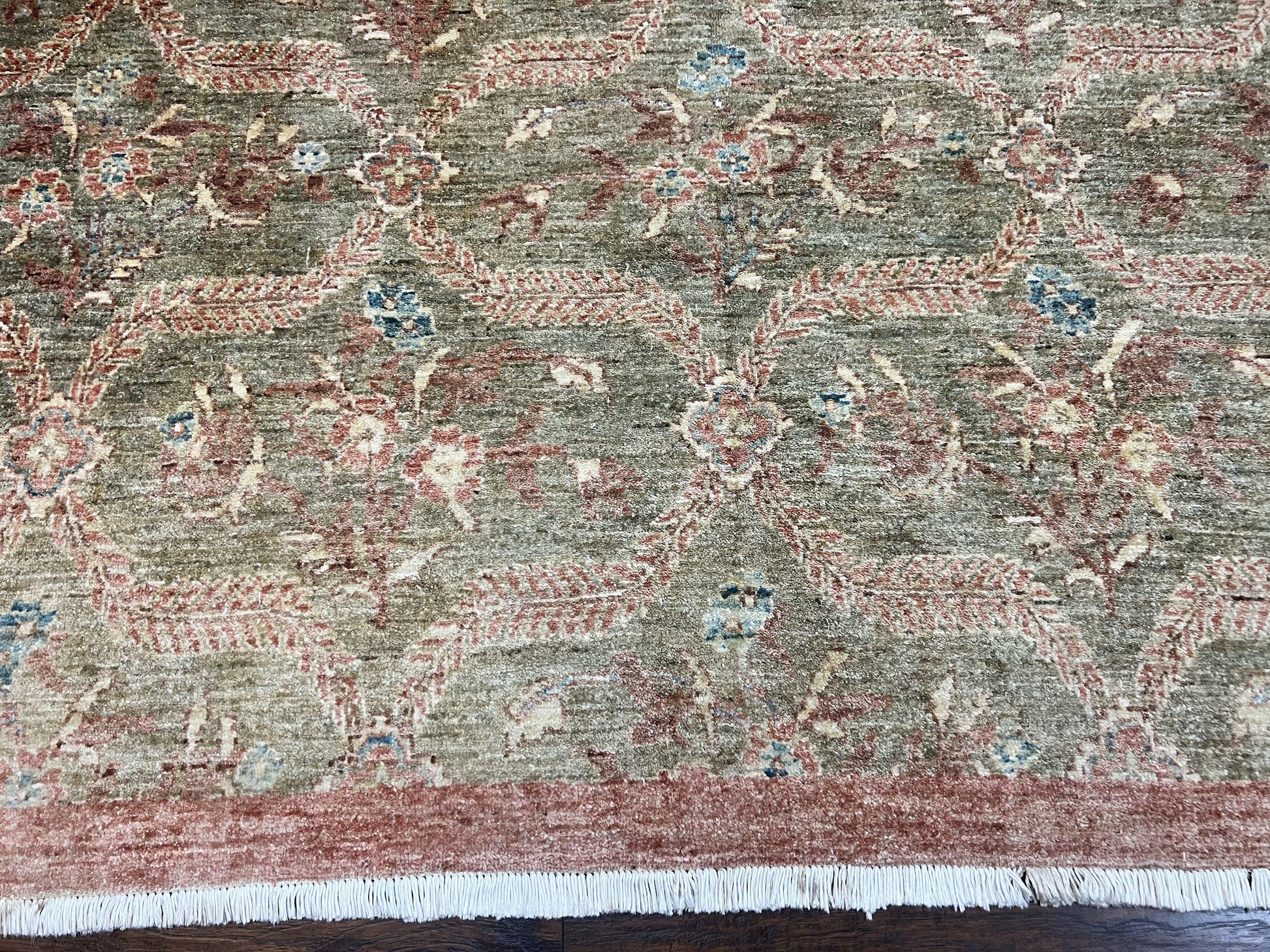 Large Modern Pakistani Rug 9x12, Handmade Wool Carpet, Peshawar Rug, Hand Knotted Oriental Rug, Contemporary, Floral, Light Green - Nuvé