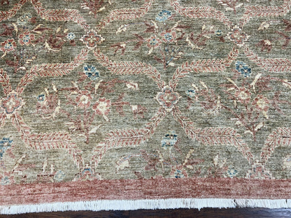 Large Modern Pakistani Rug 9x12, Handmade Wool Carpet, Peshawar Rug, Hand Knotted Oriental Rug, Contemporary, Floral, Light Green - Nuvé