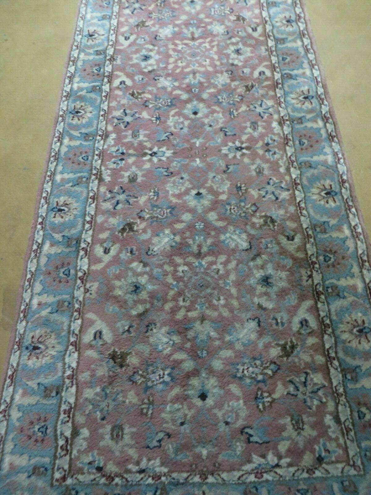 Indo Persian Runner Rug 2.8 x 12, Wool Hand Knotted, Pink and Light Blue - Nuvé