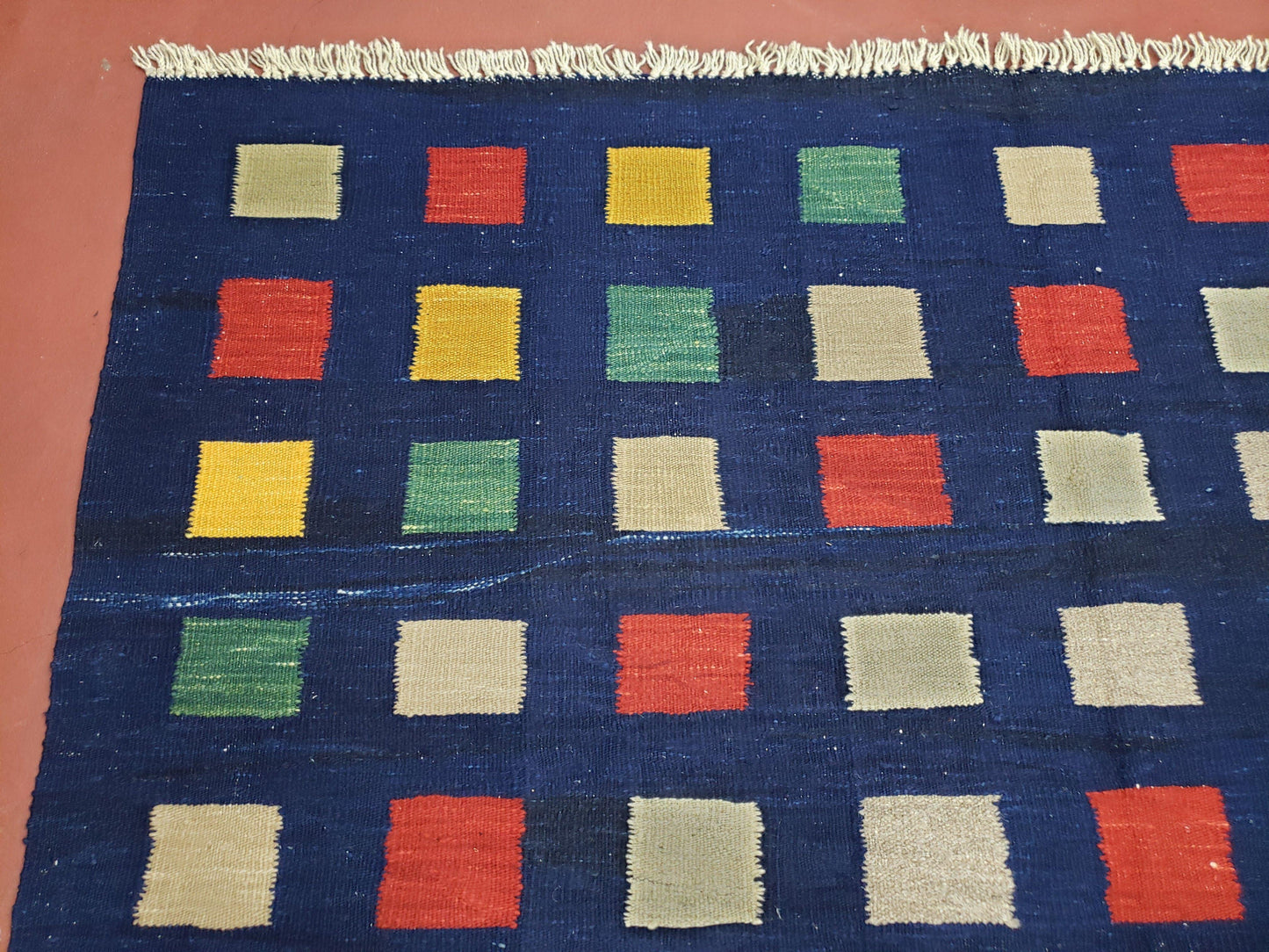 Turkish Kilim Rug 5x7 - 6x8, Checkerboard Kilim Carpet, Area Rug, New Playroom Rug, Colorful Multicolor Rug for Nursery Room, Dark Blue Red - Nuvé