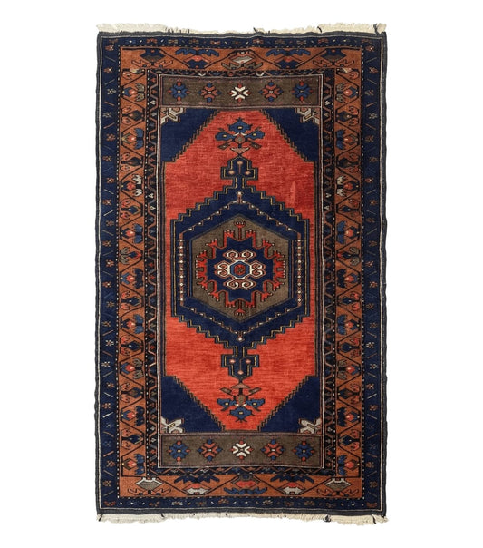 Persian Rug 3x6, Geometric Medallion, Village Tribal Rug, Terracotta and Navy Blue, Antique Nahavand Hamadan Rug