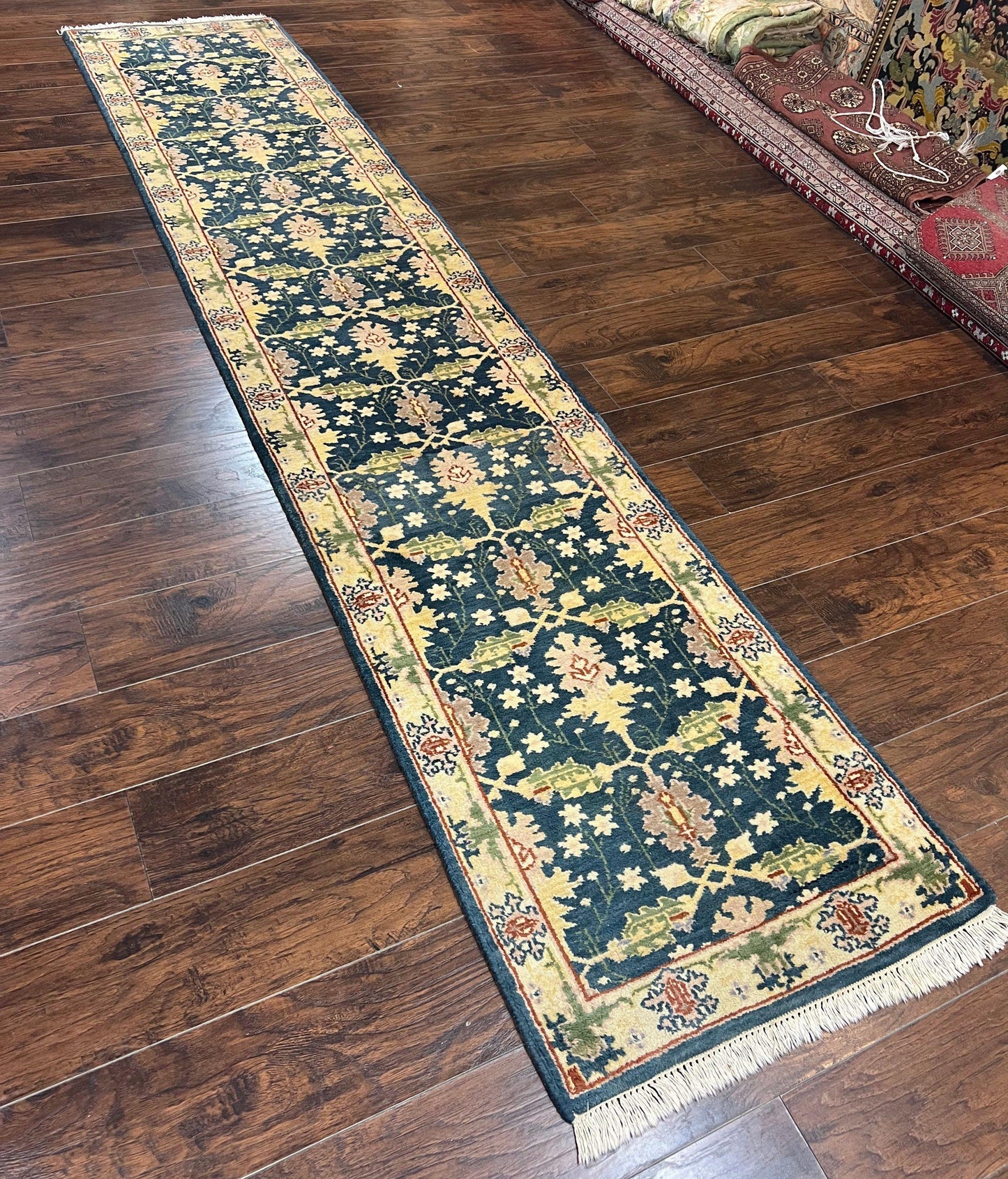 Indian Runner Rug 2.6 x 12, Navy Blue Beige Oriental Runner Rug 12ft Long, Narrow Hallway Runner, Wool Hand Knotted Indo Persian Mahal Rug - Nuvé