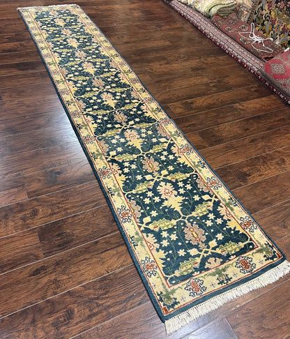 Indian Runner Rug 2.6 x 12, Navy Blue Beige Oriental Runner Rug 12ft Long, Narrow Hallway Runner, Wool Hand Knotted Indo Persian Mahal Rug - Nuvé