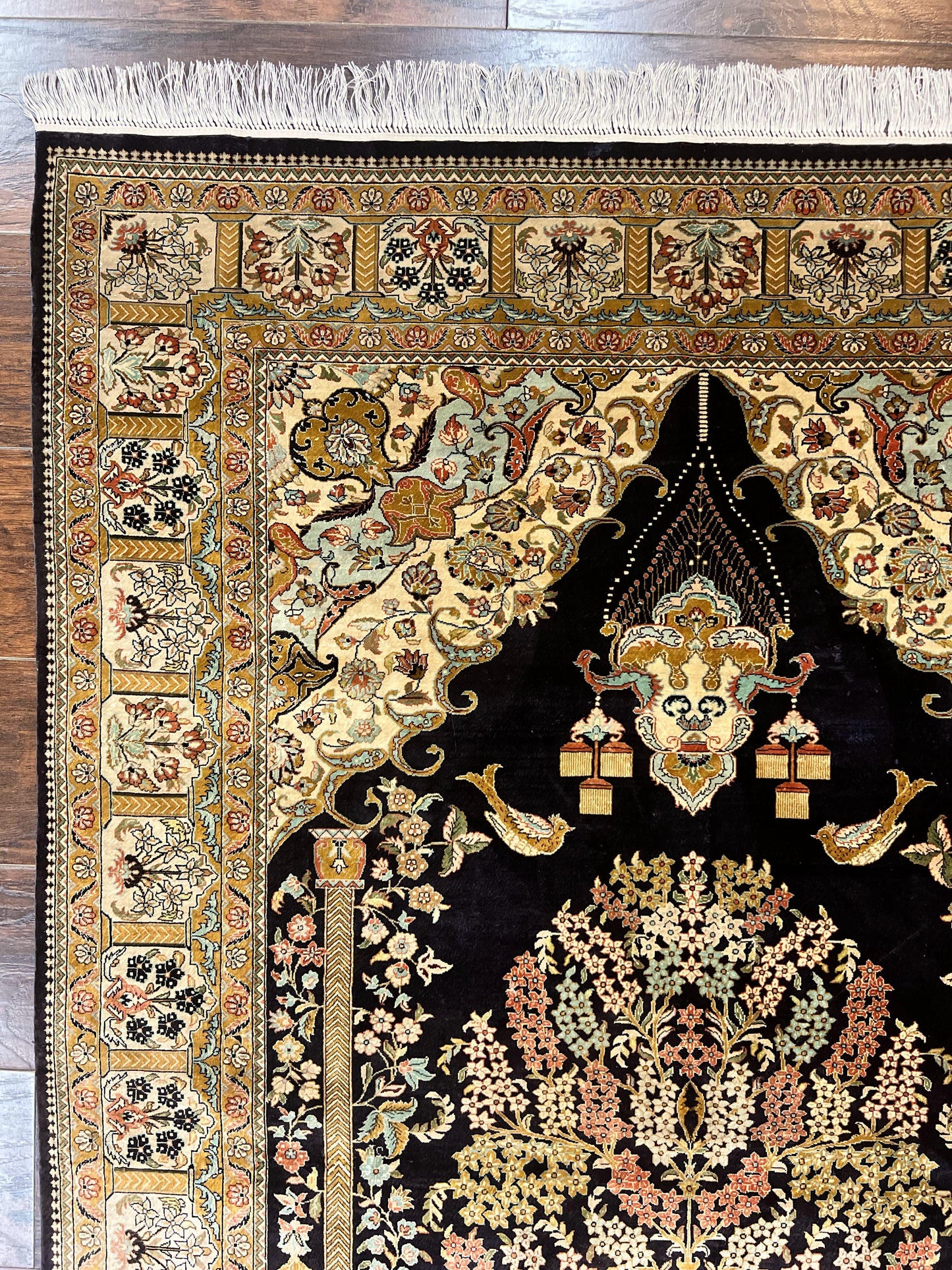 Wonderful Sino Persian Silk Rug 4x6, Tree of LIfe Design, Masterpiece 575 KPSI, Birds, Prayer Rug, Black, Silk on Silk - Nuvé