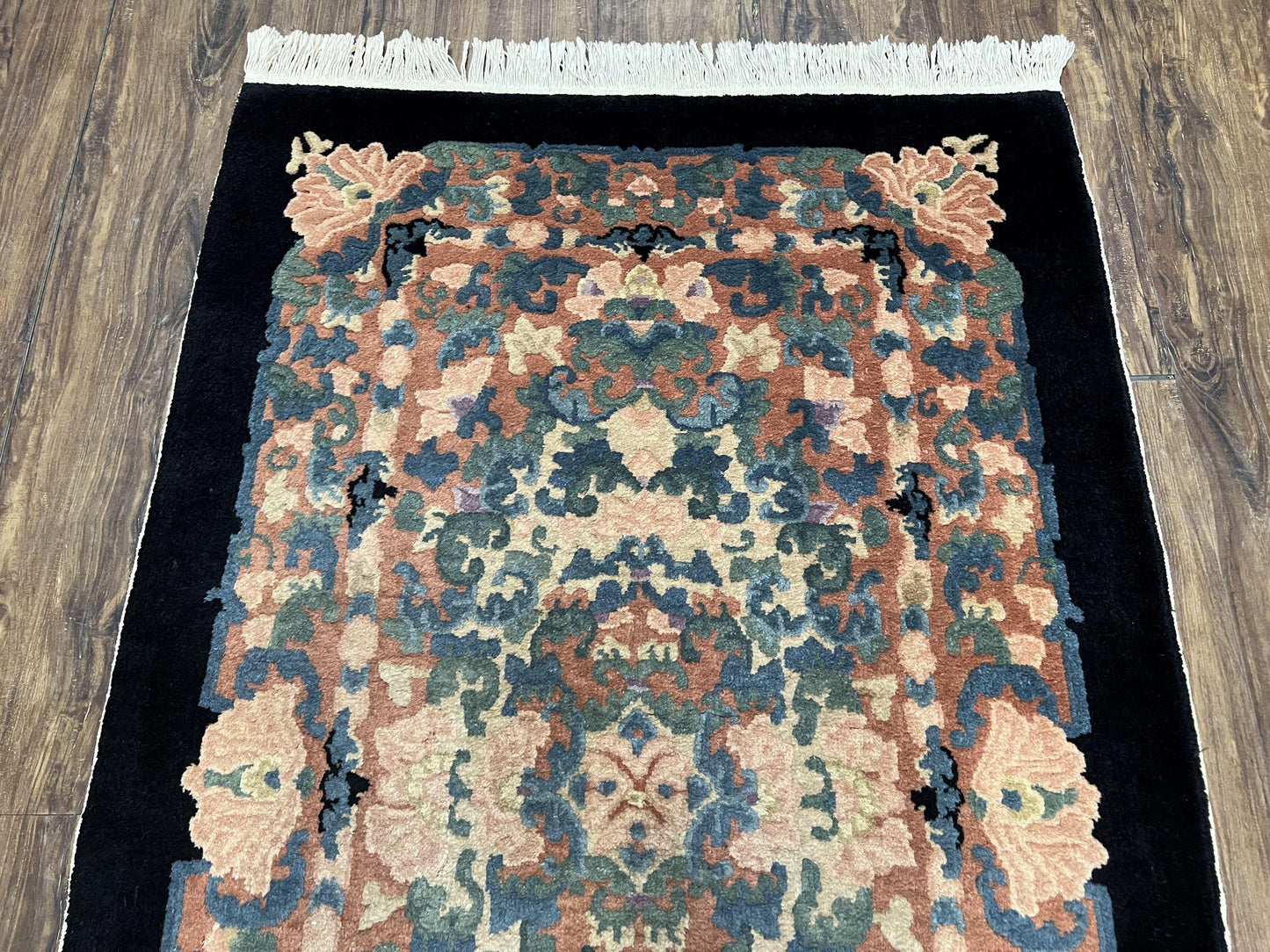 Chinese Art Deco Rug 3x5, Black and Beige Chinese Carpet 3 x 5, Vintage Rug, 1950s Rug, Floral Rug, Handmade Rug, Art Deco Rug, Wool Rug - Nuvé