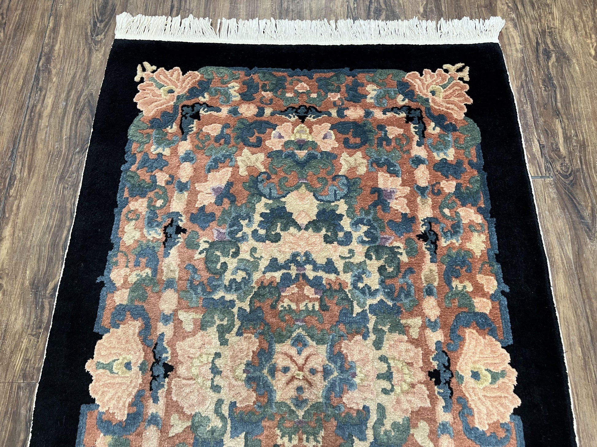 Chinese Art Deco Rug 3x5, Black and Beige Chinese Carpet 3 x 5, Vintage Rug, 1950s Rug, Floral Rug, Handmade Rug, Art Deco Rug, Wool Rug - Nuvé