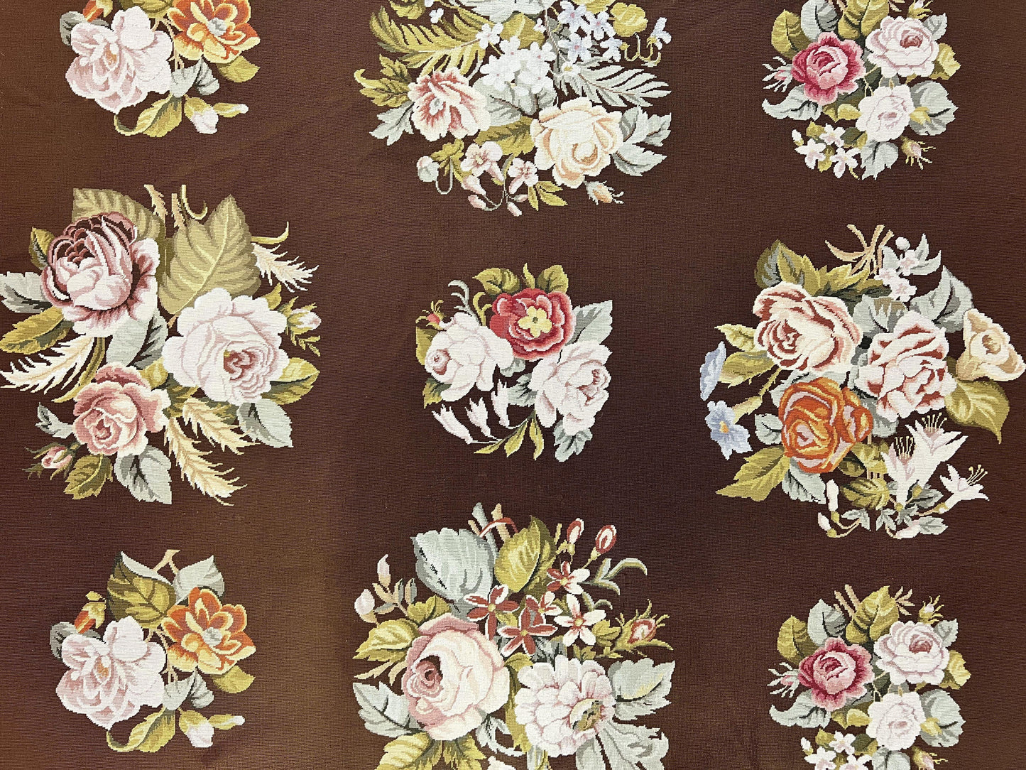 Vintage Needlepoint Rug 9x12, Large Handmade Hand-woven Needlepoint Carpet, Brown Area Rug, Floral Bouquets, Wool Rug, European Design - Nuvé