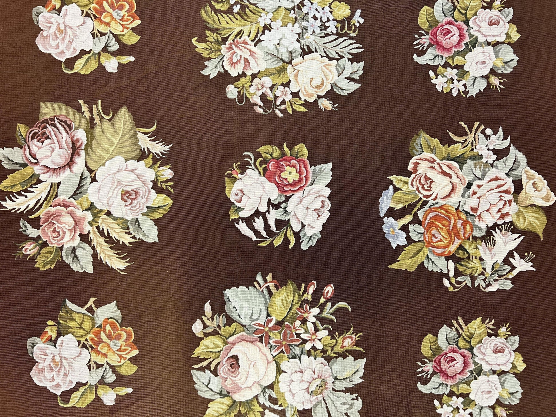 Vintage Needlepoint Rug 9x12, Large Handmade Hand-woven Needlepoint Carpet, Brown Area Rug, Floral Bouquets, Wool Rug, European Design - Nuvé