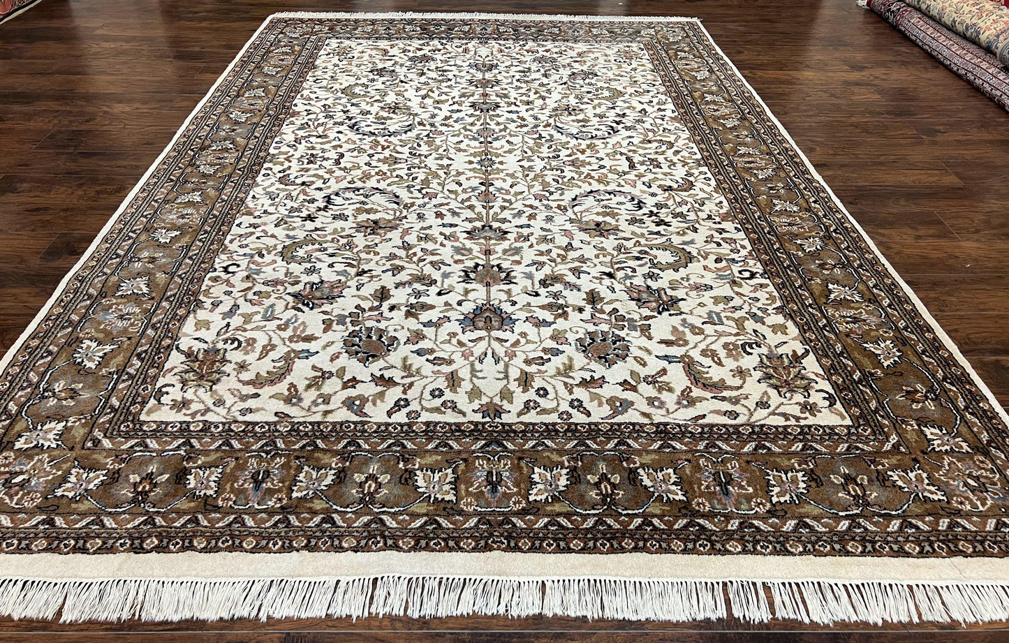 Indo Kirman Rug 8x12 Allover Floral Design, Ivory/Cream Brown, Vintage Handmade Hand Knotted Rug, Traditional Wool Persian Carpet 8 x 12 - Nuvé