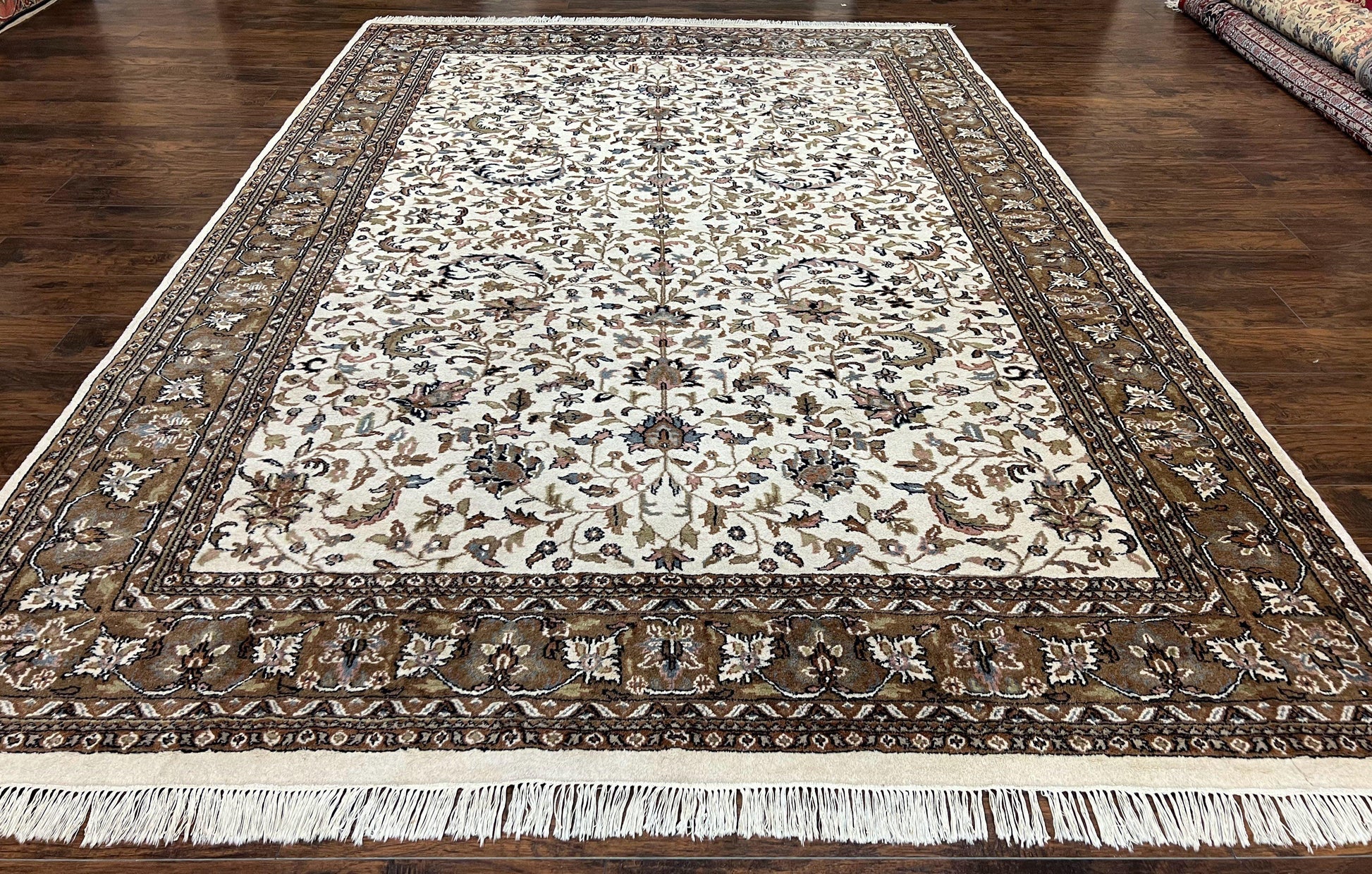 Indo Kirman Rug 8x12 Allover Floral Design, Ivory/Cream Brown, Vintage Handmade Hand Knotted Rug, Traditional Wool Persian Carpet 8 x 12 - Nuvé