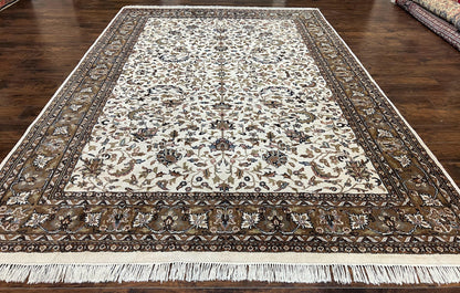 Indo Kirman Rug 8x12 Allover Floral Design, Ivory/Cream Brown, Vintage Handmade Hand Knotted Rug, Traditional Wool Persian Carpet 8 x 12 - Nuvé
