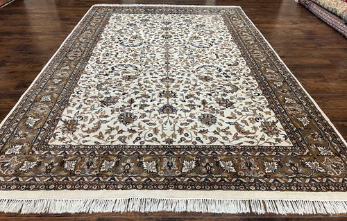 Indo Kirman Rug 8x12 Allover Floral Design, Ivory/Cream Brown, Vintage Handmade Hand Knotted Rug, Traditional Wool Persian Carpet 8 x 12 - Nuvé