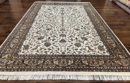 Indo Kirman Rug 8x12 Allover Floral Design, Ivory/Cream Brown, Vintage Handmade Hand Knotted Rug, Traditional Wool Persian Carpet 8 x 12 - Nuvé